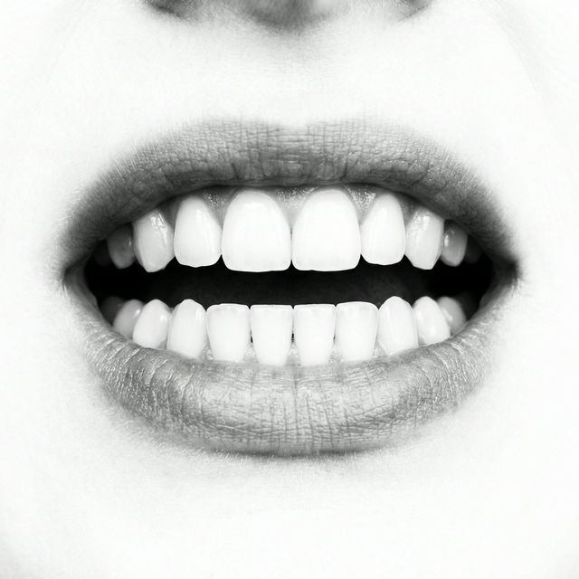 Reference photo: wide smile with ~1 cm separation between upper and lower teeth